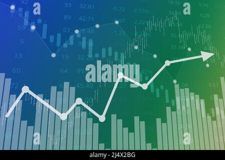 Blauer und grüner Finanzhintergrund mit Zahlen, Grafiken, Pfeil, Kerzenständer. 3D Rendern. Börsenkonzept Stockfoto
