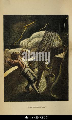 CRUSOE ENTSCHWAND dem Buch The life and Adventures of Robinson Crusoe von Daniel Defoe, farbig illustriert von EDWARD H. WEHNERT. Herausgeber Boston (Franklin and Hawley Streets) : D. Lothrop and Company 1884 Stockfoto