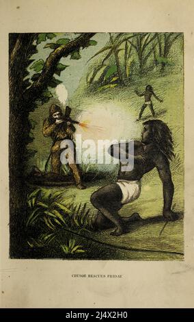 Crusoe rettet Freitag aus dem Buch The life and Adventures of Robinson Crusoe von Daniel Defoe, farbig illustriert von EDWARD H. WEHNERT. Herausgeber Boston (Franklin and Hawley Streets) : D. Lothrop and Company 1884 Stockfoto