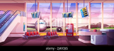 Cartoon Wartezimmer im Flughafen, Terminalhalle mit Passagierstühlen, Rolltreppe und Fenster mit Blick auf das Flugzeug. Abflughalle mit Sitzplätzen, Verkaufsautomaten und Flugplananzeige. Stock Vektor