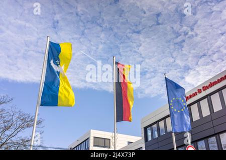 Flaggen der Ukraine, Deutschlands und der Europäischen Union in einer Reihe als Zeichen der Solidarität mit der Ukraine, Berlin, Deutschland, Europa Stockfoto