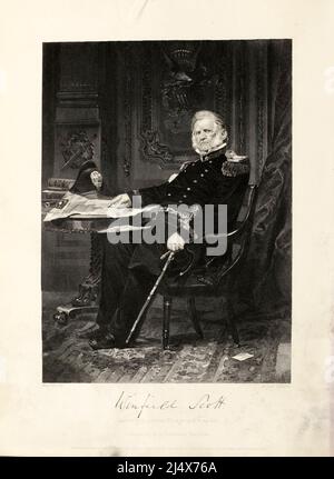 Winfield Scott (13. Juni 1786 – 29. Mai 1866) war ein amerikanischer Militärkommandeur und politischer Kandidat. Von 1814 bis 1861 diente er als General in der US-Armee, nahm an dem Krieg von 1812, dem mexikanisch-amerikanischen Krieg, den frühen Stadien des amerikanischen Bürgerkrieges und Konflikten mit Indianern Teil. Scott war bei den Wahlen 1852 Präsidentschaftskandidat der Whig Party, wurde aber vom Demokraten Franklin Pierce besiegt. Er war bekannt als Old Fuss und Feathers für sein Beharßen auf eine richtige militärische Etikette, sowie der große alte Mann der Armee für seine vielen Jahre des Dienstes. Aus dem Buch Stockfoto