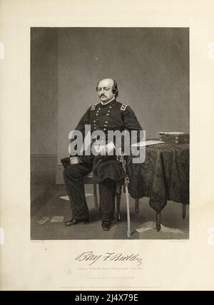 Benjamin Franklin Butler (5. November 1818 – 11. Januar 1893) war ein Generalmajor der Unionsarmee, Politiker, Rechtsanwalt und Geschäftsmann aus Massachusetts. Butler wurde in New Hampshire geboren und wuchs in Lowell, Massachusetts, auf. Er ist am besten bekannt als politischer Generalmajor der Union Army während des amerikanischen Bürgerkrieges und für seine Führungsrolle bei der Amtsenthebung des US-Präsidenten Andrew Johnson. Er war eine bunte und oft umstrittene Figur auf der nationalen Bühne und in der politischen Szene von Massachusetts und führte mehrere Kampagnen für Gouverneur vor seiner Wahl zu diesem Amt im Jahr 1882. Aus dem Stockfoto