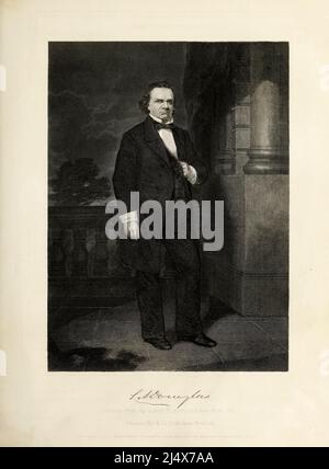 Stephen Arnold Douglas (23. April 1813 – 3. Juni 1861) war ein amerikanischer Politiker und Anwalt aus Illinois. Als Senator war er einer von zwei Nominierten der schlecht gespaltenen Demokratischen Partei als Präsident bei den Präsidentschaftswahlen 1860, die der Republikaner Abraham Lincoln gewonnen hatte. Douglas hatte zuvor Lincoln bei den US-Senatswahlen 1858 in Illinois besiegt, bekannt für die entscheidenden Debatten zwischen Lincoln und Douglas. Er war einer der Vermittler des Kompromisses von 1850, der eine Sektionskrise abwenden wollte, um das volatile Problem der Ausweitung der Sklaverei auf die Territorien, Dougl, weiter zu lösen Stockfoto