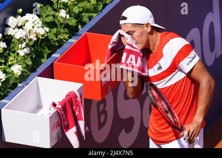 Barcelona, Spanien. 18. April 2022. Sebastian Baez während der Barcelona Open Banc Sabadell spielte die Conde de Godó Trophy am 18. April 2022 im Real Club de Tenis Barccelona in Barcelona, Spanien. (Foto von Bagu Blanco/ PRESSINPHOTOt) Quelle: PRESSINPHOTO SPORTS AGENCY/Alamy Live News Stockfoto