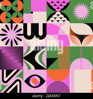 Neo-Geo Vektormuster Grafiken von abstrakter modernistischer Ästhetik inspiriert. Moderne geometrische Collage für Poster, Cover, Kunst, Presentatio Stock Vektor