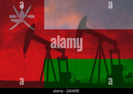 Oman Öl Industrie Konzept, industrielle Illustration. Oman-Flagge und Ölquellen, Börse, Börsenwirtschaft und Handel, Ölförderung Stockfoto