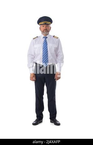 Senior adult Airline First Pilot Aircraft Commander stehend isoliert auf weißem Hintergrund, voller Länge Porträt Stockfoto