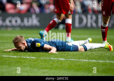 Middlesbrough, Großbritannien. 18. April 2022. Jordan Rhodes #9 von Huddersfield Town reagiert, nachdem er am 4/18/2022 in Middlesbrough, Großbritannien, das Tor verpasst hat. (Foto von Ben Early/News Images/Sipa USA) Quelle: SIPA USA/Alamy Live News Stockfoto