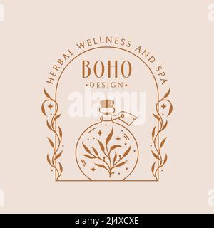 Potion Boho Logo mit magischer Elixierflasche und Pflanzen. Vektor-Emblem für Heilkräuter, Aromatherapie, ätherische Öle, Heilkräuter, Homöopathie. Stock Vektor