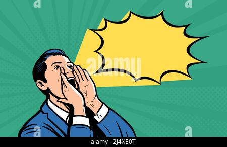 Ein Mann in Anzug oder ein Geschäftsmann schreit mit den Handflächen nach seinem Mund. Pop Art Retro Vektorgrafik Stock Vektor