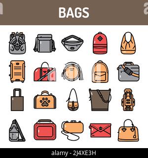 Symbole für die Farblinie der Taschen sind eingestellt. Zeichen für Webseite, mobile App, Schaltfläche. Bearbeitbare Kontur. Stock Vektor