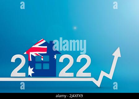 Die Immobilienkosten in Australien im Jahr 2022. Steigende Kosten für Bau, Versicherung, Miete in Australien. Modell des Hauses in den Farben der Flagge gemalt Stockfoto