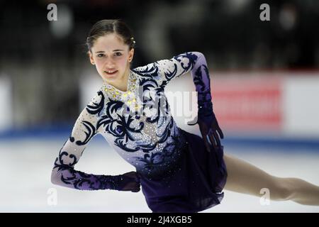 Isabeau LEVITO (USA), während des Freilaufens der Frauen, bei den ISU-Junioren-Eiskunstlauf-Weltmeisterschaften 2022, in der Tondiraba Ice Hall, am 17. April 2022 in Tallinn, Estland. (Foto von Raniero Corbelletti/AFLO) Stockfoto