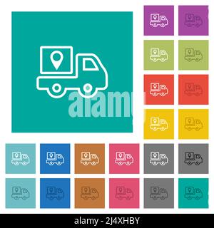 Paketzustellung Verfolgung umreißt mehrfarbige flache Symbole auf einfachem quadratischem Hintergrund. Weiße und dunklere Symbolvariationen für Hover oder Active enthalten Stock Vektor