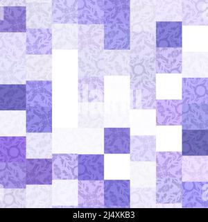 Zufällige Patchwork lila Mosaik Pixel Raster nahtlose Muster. Moderne geometrische quadratische Form Fliesen Trend Textur. Farbe des Jahres 2022 geriert Stockfoto