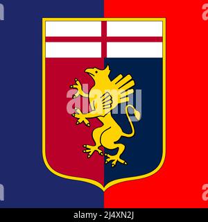 Genua, Italien, April 2022 - Genoa Cricket und Football Club Markenlogo mit roten und blauen Farben Flagge, Illustration Stockfoto