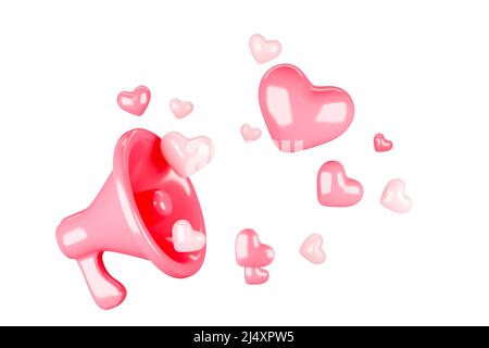 Rotes Megaphon mit isolierten Herzen auf weißem Hintergrund. Alles gute zum Valentinstag Stockfoto