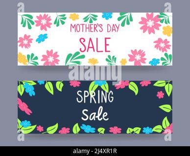Satz von Banner für den Frühling Verkauf. Helle Frühlingsblumen und Blätter. Vektor Stock Vektor