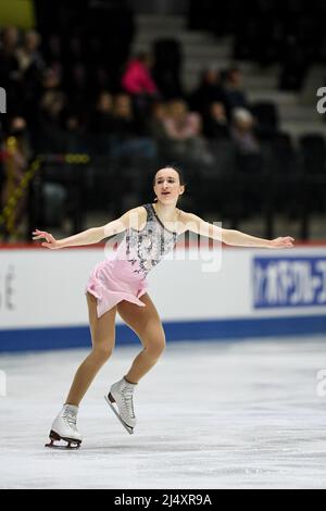 Justine MICLETTE (CAN), während des Freilaufens der Frauen, bei den ISU-Junioren-Eiskunstlauf-Weltmeisterschaften 2022, in der Tondiraba Ice Hall, am 17. April 2022 in Tallinn, Estland. Quelle: Raniero Corbelletti/AFLO/Alamy Live News Stockfoto