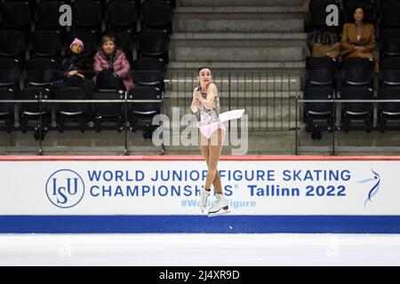 Justine MICLETTE (CAN), während des Freilaufens der Frauen, bei den ISU-Junioren-Eiskunstlauf-Weltmeisterschaften 2022, in der Tondiraba Ice Hall, am 17. April 2022 in Tallinn, Estland. Quelle: Raniero Corbelletti/AFLO/Alamy Live News Stockfoto