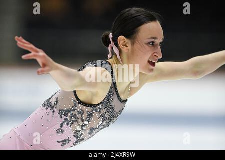 Justine MICLETTE (CAN), während des Freilaufens der Frauen, bei den ISU-Junioren-Eiskunstlauf-Weltmeisterschaften 2022, in der Tondiraba Ice Hall, am 17. April 2022 in Tallinn, Estland. Quelle: Raniero Corbelletti/AFLO/Alamy Live News Stockfoto