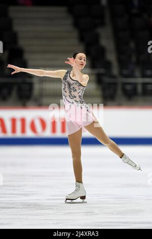 Justine MICLETTE (CAN), während des Freilaufens der Frauen, bei den ISU-Junioren-Eiskunstlauf-Weltmeisterschaften 2022, in der Tondiraba Ice Hall, am 17. April 2022 in Tallinn, Estland. Quelle: Raniero Corbelletti/AFLO/Alamy Live News Stockfoto