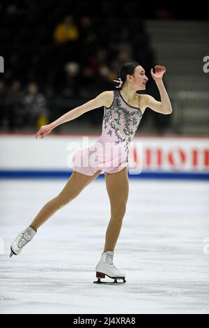 Justine MICLETTE (CAN), während des Freilaufens der Frauen, bei den ISU-Junioren-Eiskunstlauf-Weltmeisterschaften 2022, in der Tondiraba Ice Hall, am 17. April 2022 in Tallinn, Estland. Quelle: Raniero Corbelletti/AFLO/Alamy Live News Stockfoto