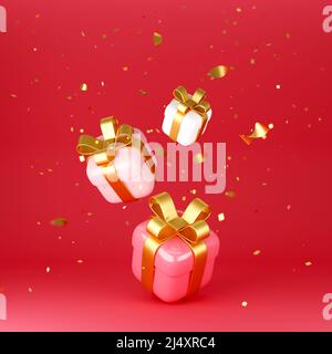 Rote, rosa und weiße Geschenkschachteln und goldene Konfetti fallen auf roten Hintergrund Stockfoto