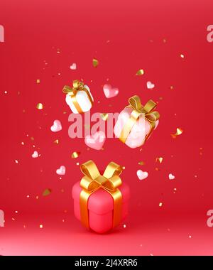 Rote, rosa und weiße Geschenkschachteln und Herzen fallen auf roten Hintergrund Stockfoto