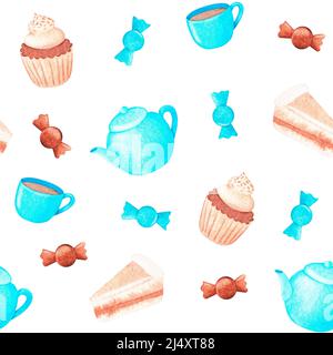 Teeparty. Nahtloses Muster. Aquarell Vintage Illustration. Isoliert auf weißem Hintergrund. Für Ihr Design. Stockfoto