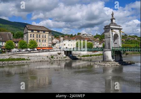 Seyssel, ein alter Salzhafen am Fluss Rhône und dem Radweg ViaRhôna Stockfoto