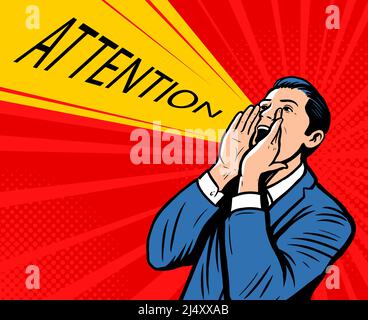 Ein Geschäftsmann, der laut im Pop-Art-Stil schrie. Geschäftskonzept. Retro Comic Vektor Illustration Stock Vektor