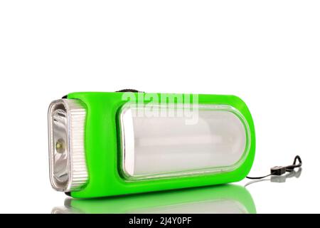 Eine batteriebetriebene Taschenlampe, Nahaufnahme, isoliert auf weißem Hintergrund. Stockfoto