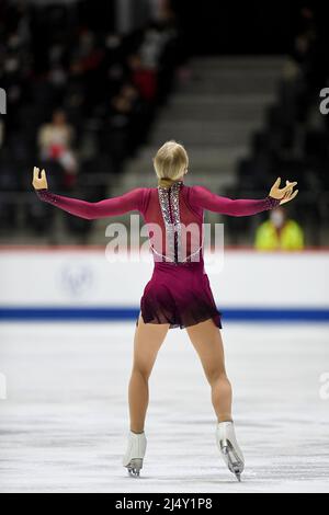 Linnea CEDER (FIN), während des Freilaufens der Frauen, bei den ISU-Junioren-Eiskunstlauf-Weltmeisterschaften 2022, in der Tondiraba Ice Hall, am 17. April 2022 in Tallinn, Estland. Quelle: Raniero Corbelletti/AFLO/Alamy Live News Stockfoto