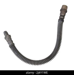 Gebrauchter Bremsschlauch Nahaufnahme auf weißem, isoliertem Hintergrund in einem Fotostudio - Hochdruckmanschette und zwei Metallspitzen zum Anschluss an die Zylinder. R Stockfoto