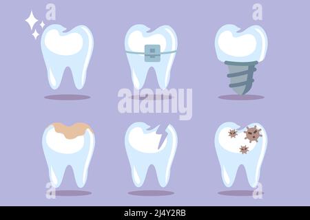 Zahnsatz, Zahnsymbole auf blauem Hintergrund Vektor-Illustration Zahnkonzept für Ihr Design Mundhygiene Zahnreinigung Stock Vektor