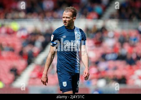 Middlesbrough, Großbritannien. 18. April 2022. Jordan Rhodes #9 of Huddersfield Town in Middlesbrough, Vereinigtes Königreich am 4/18/2022. (Foto von Ben Early/News Images/Sipa USA) Quelle: SIPA USA/Alamy Live News Stockfoto