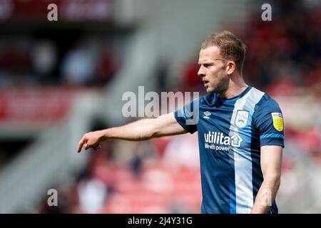 Middlesbrough, Großbritannien. 18. April 2022. Jordan Rhodes #9 of Huddersfield Town in Middlesbrough, Vereinigtes Königreich am 4/18/2022. (Foto von Ben Early/News Images/Sipa USA) Quelle: SIPA USA/Alamy Live News Stockfoto