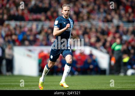 Middlesbrough, Großbritannien. 18. April 2022. Jordan Rhodes #9 of Huddersfield Town in Middlesbrough, Vereinigtes Königreich am 4/18/2022. (Foto von Ben Early/News Images/Sipa USA) Quelle: SIPA USA/Alamy Live News Stockfoto