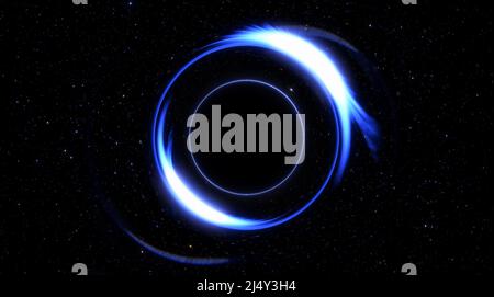 Schwarzes Loch im Raum, Absorption von Materie. Ereignishorizont, starke Anziehungskraft. Supermassereiche schwarze Löcher absorbieren Sterne und Galaxien. 3D Rendern Stockfoto