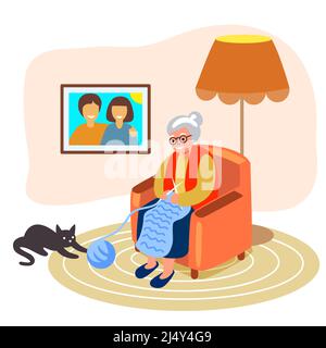 Stricken Alte Frau strickt Oma strickt in ihrem Sessel neben einer Katze, die mit einer Garnkugel spielt Vektor-Illustration Stock Vektor