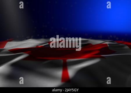Cute any Fest Flagge 3D Illustration - dunkles Bild der Kanada Flagge liegen auf blauem Hintergrund mit weichem Fokus und leerem Platz für Ihren Text Stockfoto
