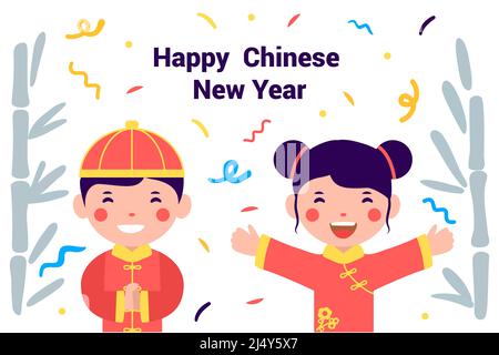 Chinesische Neujahr asiatische Kind Junge und Mädchen in traditionellen Kostüm Vektor Illustration Konzept Stock Vektor