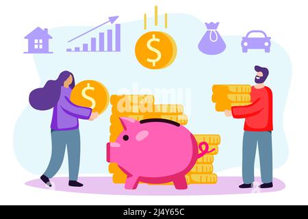 Putting Money Sparschwein Vektoren glücklich verheiratetes Paar Putting Coin Piggy Bank Vektor Design Illustrationen Familie Budget zu Hause Einsparungen und investme Stock Vektor