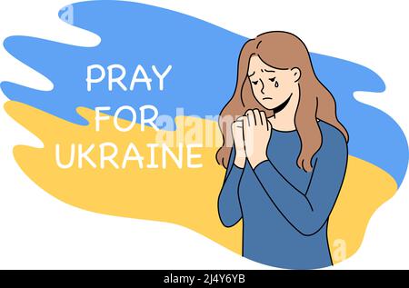 Unglückliches Mädchen auf Ukraine Flagge Hintergrund beten für die Rettung von Menschenleben im Krieg. Verärgerte junge ukrainische Frau, die gegen Krieg und russische Aggression weint. Angst und Gewalt. Vektorgrafik. Stock Vektor
