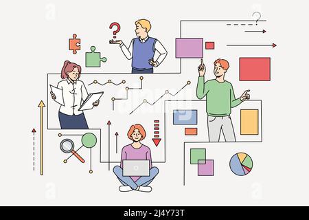 Verschiedene Personen, die im Netzwerk verbunden sind und nach Informationen oder Problemlösungen suchen. Mitarbeiter von Männern und Frauen arbeiten bei Problemen oder Problemlösungen zusammen. Teamarbeit. Vektorgrafik. Stock Vektor