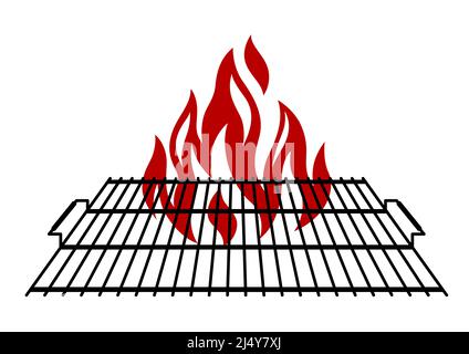 Abbildung des Stahlgrills mit Feuer. Stilisierte bbq Küche und Restaurant Utensil. Stock Vektor