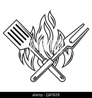BBQ-Illustration mit Feuer, Spachtel und Gabel. Stilisierte Küche- und Restaurantmenüs. Stock Vektor