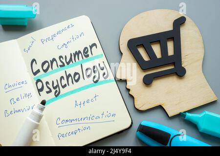 Notizen zur Verbraucherpsychologie und ein Warenkorb. Stockfoto